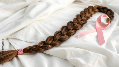 A poignant still-life composition featuring a freshly cut long braid of human hair lying gently on a soft white fabric background, symbolizing hair donation for cancer patients, medical wigs