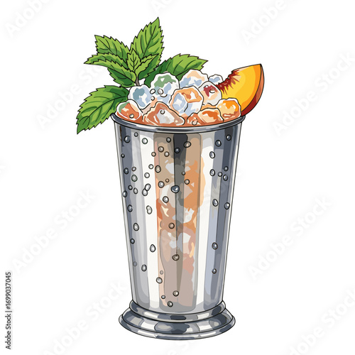 Refreshing Peach Mint Julep Cocktail Illustration with Crushed Ice and Fresh Garnish in a Classic Metal Cup on White Background