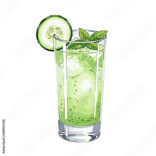 Refreshing green detox drink with cucumber slice and fresh mint leaves in a tall glass, an invigorating summer beverage illustration with ice cubes