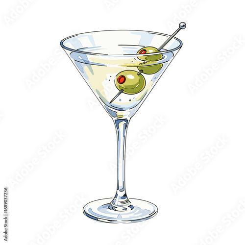 Cocktail Glass with Green Olives - Classic Martini Illustration for Beverage Lovers and Bartenders