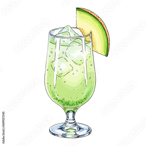 Refreshing green melon drink with ice in a glass, perfect for summer beverages and healthy fruit cocktails illustration
