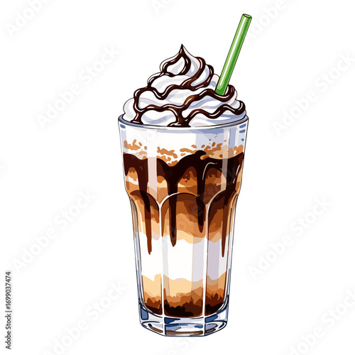 Delicious Chocolate Milkshake with Whipped Cream and Straw in Clear Glass
