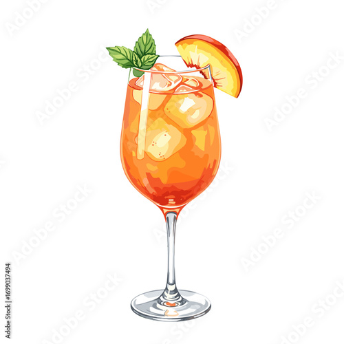 Refreshing orange cocktail with ice cubes, peach slice, and mint leaves in a tall glass, watercolor illustration of a summer aperitif drink