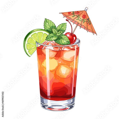 Refreshing Summer Cocktail with Lime Mint Cherry Ice and Umbrella Garnish