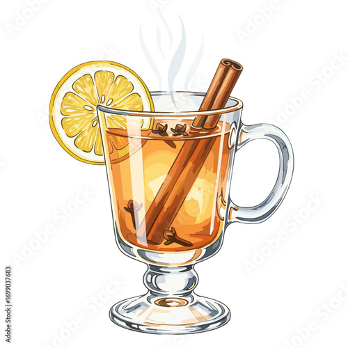 Warm spiced beverage in a clear glass mug with a lemon slice, cinnamon stick, and cloves, perfect for a cozy winter drink illustration.