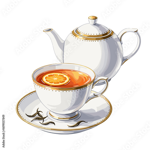 Elegant white teapot and teacup set with gold accents, filled with hot orange tea and a citrus slice, accompanied by loose tea leaves on a saucer, isolated on a white background.