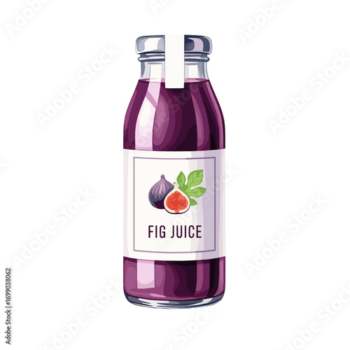 Fig Juice Bottle Illustration with Fresh Fruit and Leaves on White Background, Healthy Drink Concept