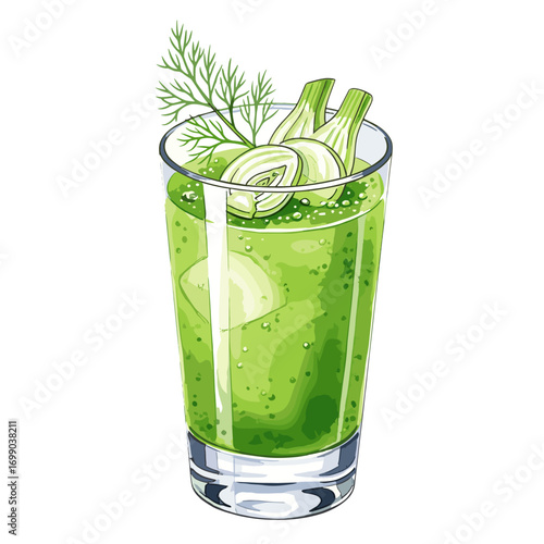 Refreshing Green Beverage with Celery and Cucumber Garnish in a Clear Glass