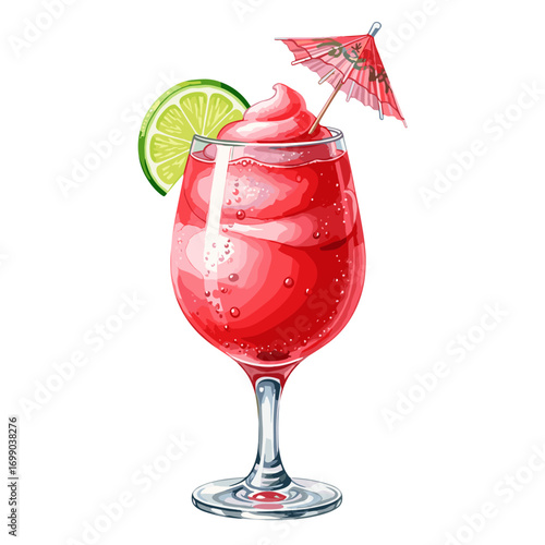 Refreshing red frozen cocktail drink with a vibrant lime slice and decorative paper umbrella in a stemmed glass, perfect for summer parties and tropical celebrations.