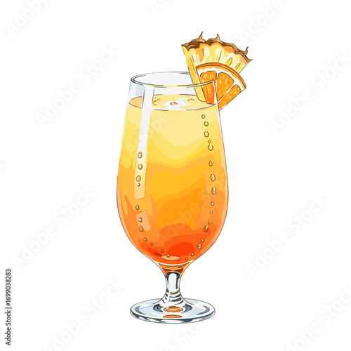 Refreshing tropical cocktail illustration with orange and yellow gradient drink in a tall glass, garnished with pineapple and citrus slices, perfect for summer beverages.
