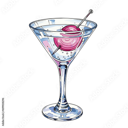 Watercolor illustration of a classic martini cocktail in a glass with a unique pink garnish on a skewer, perfect for beverage and bar themes.