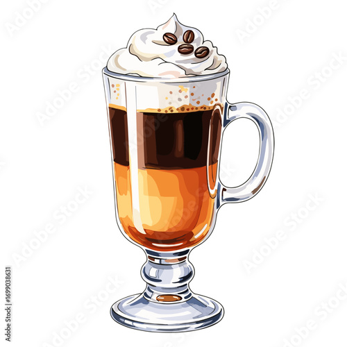 Delicious Coffee Beverage with Cream and Coffee Beans Served in Glass Mug