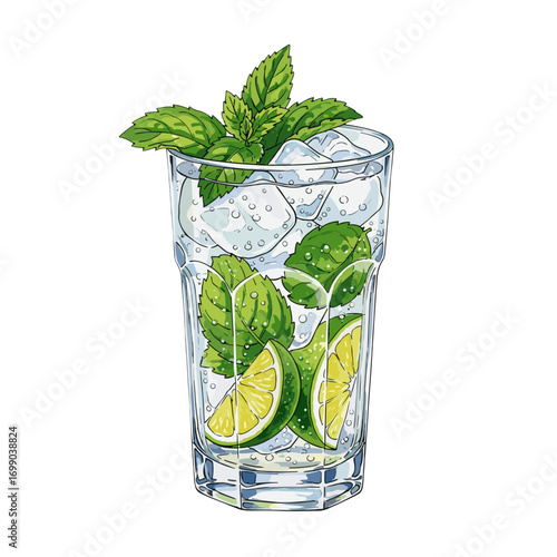 Refreshing mojito cocktail or mocktail drink illustration with fresh mint leaves, lime slices, and ice cubes in a clear glass, perfect for summer beverages and healthy hydration.