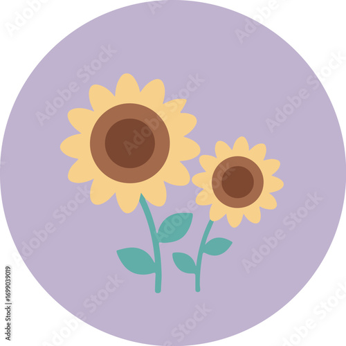 Two sunflowers with brown centers and yellow petals on green stems against a purple background