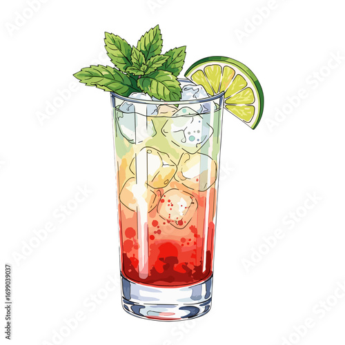 Vibrant layered summer drink with ice cubes, fresh mint leaves, and a lime wedge in a tall glass, a refreshing and colorful beverage illustration.