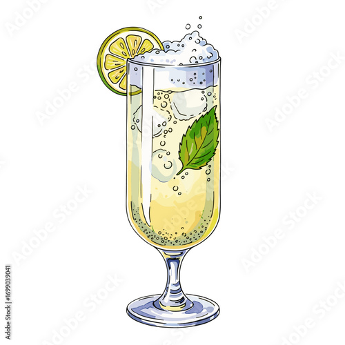 Refreshing Lemon Mint Drink in Tall Glass with Ice and Bubbles for Summer Parties or Refreshments