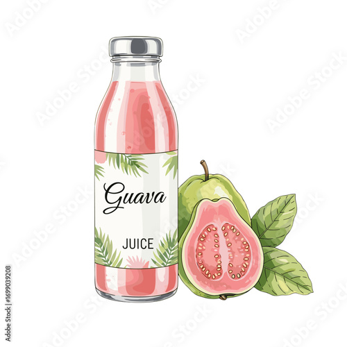 Refreshing Guava Juice in Glass Bottle with Fresh Guava Fruit and Green Leaves - Perfect for Summer Drinks and Smoothies