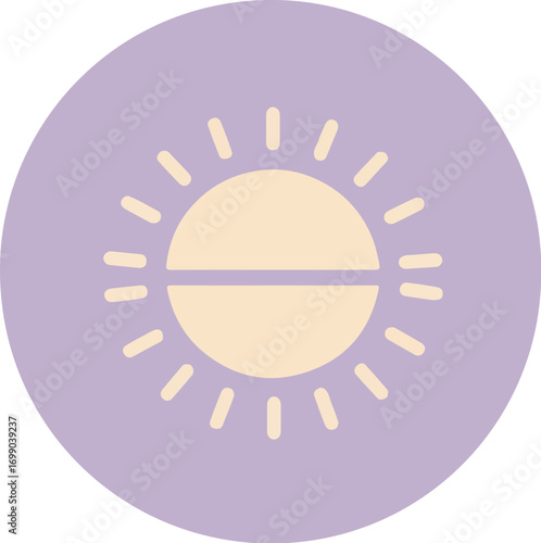 Minimalist sun illustration with light yellow core and white rays on a muted purple background
