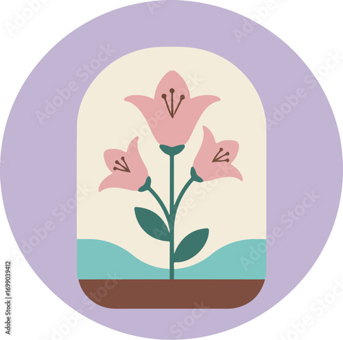 Botanical illustration of a potted plant with pink flowers in a glass terrarium