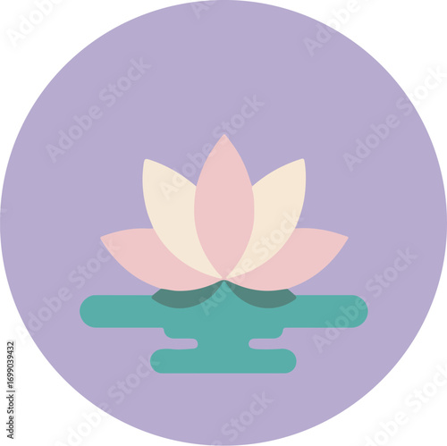 Stylized lotus flower in soft pink and white tones emerging from a teal base on a gradient light purple background