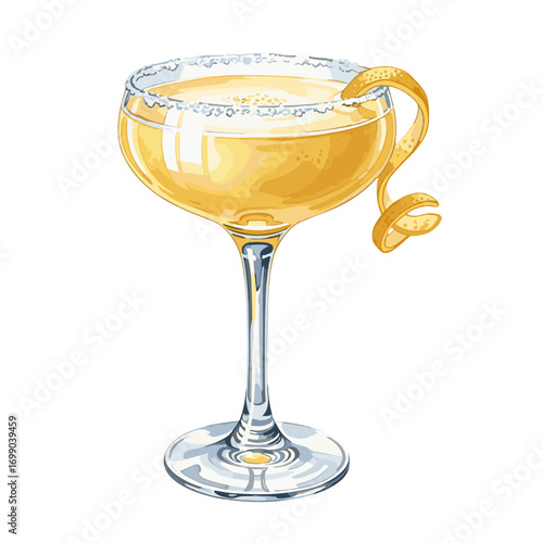 Refreshing yellow cocktail in a classic coupe glass with a sugared rim and elegant lemon peel garnish, isolated on white background, watercolor illustration style.