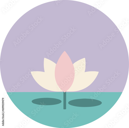 Stylized lotus flower in full bloom above calm teal water with lily pads on gradient background