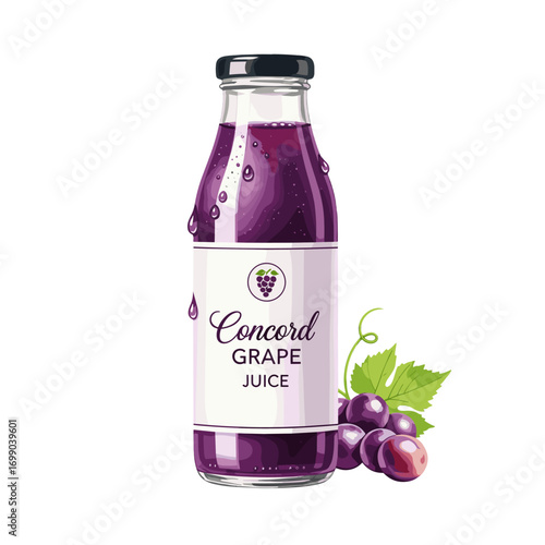 Delicious Concord Grape Juice in Glass Bottle with Fresh Grapes and Leaves