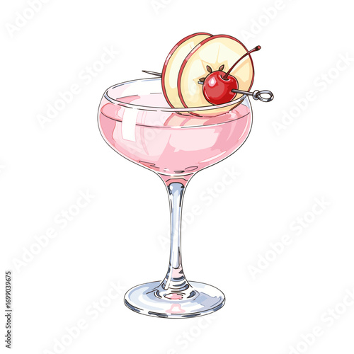 Elegant pink cocktail in a coupe glass, garnished with fresh apple slices and a vibrant red cherry, perfect for a refreshing drink illustration.