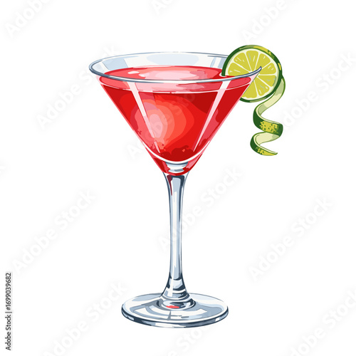 Vibrant Red Cocktail in Martini Glass with Lime Garnish; Refreshing Alcoholic Beverage Illustration on White Background