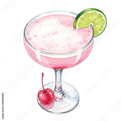 Delicious Pink Cocktail with Lime Slice and Cherry Garnish in Elegant Glass for Summer Parties and Celebrations