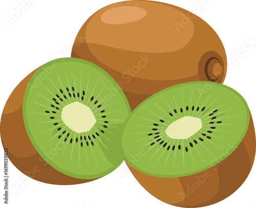 Fresh ripe kiwi fruit halved and whole isolated on white background healthy food illustration