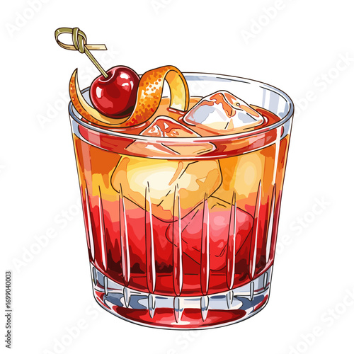 Classic Cocktail Glass Illustration with Cherry and Orange Twist for Creative Designs