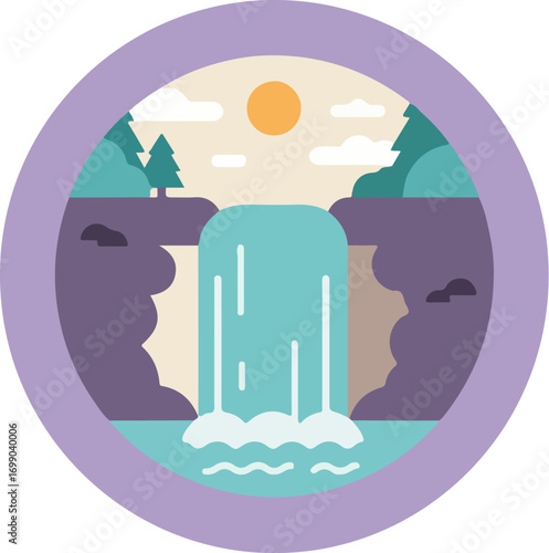 Serene landscape with a light blue waterfall cascading down rugged cliffs within a circular frame