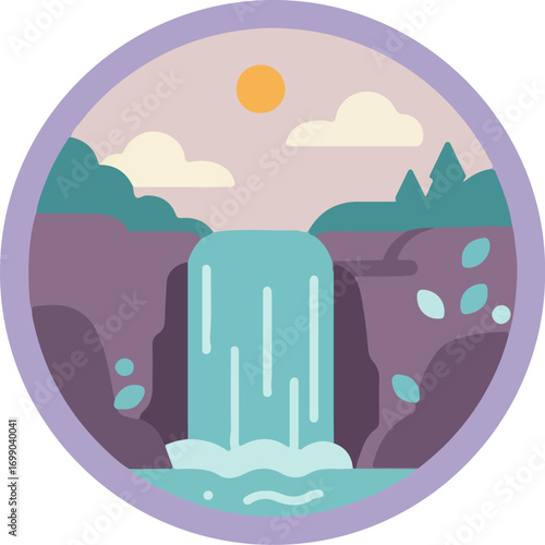 Circular composition of a waterfall cascading down dark purple cliffs with vibrant greenery and a soft pink sky