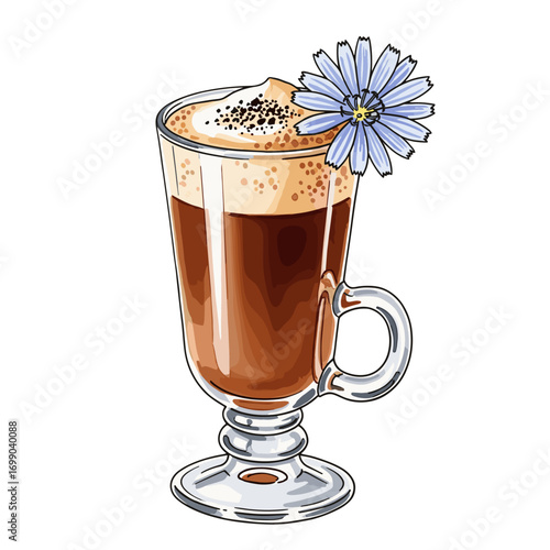 Delicious Coffee Beverage with Floral Garnish in Clear Glass Mug Perfect for Relaxing Moments