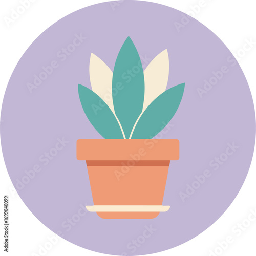 Terracotta pot with a thriving plant with broad green leaves on a purple gradient background