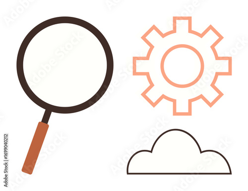 Magnifying glass for search or analysis, gear for process or settings, and cloud for cloud computing or storage. Ideal for technology, innovation, workflow, research, optimization, cloud solutions