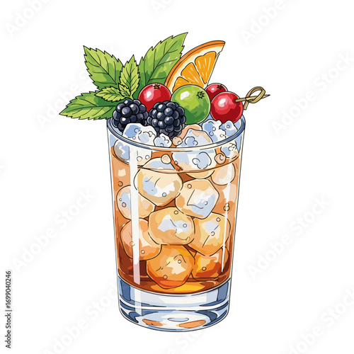 Refreshing summer cocktail with ice, garnished with fresh blackberries, cranberries, lime, orange slice, and mint leaves in a tall glass, perfect for a party or a hot day.