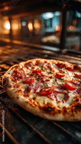 Freshly baked pizza with tomatoes and herbs cooling in a wood-fired oven at a restaurant during the evening