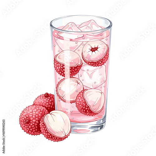 Refreshing Lychee Drink with Ice and Lychee Fruit in a Glass