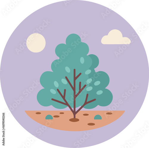 Serene nature scene with a solitary tree in a circular frame, featuring a purple sky with a full moon