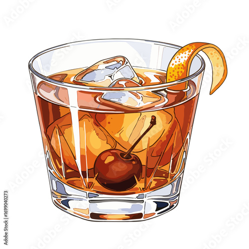 Classic Cocktail with Cherry and Orange Garnish in Glass