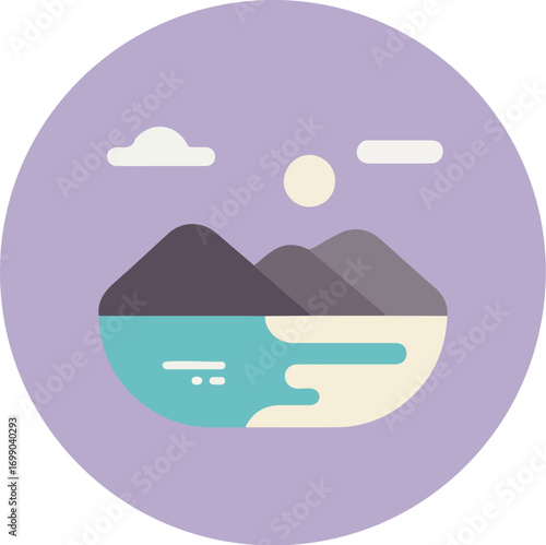 Circular framed landscape with muted gray mountains, light blue water, and soft purple sky