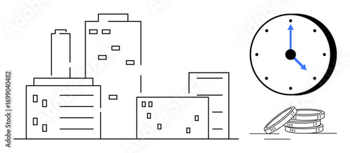 Buildings, a clock, and coin stacks combine to highlight time management, urban infrastructure, financial decisions, and economic growth. Ideal for city planning, investment, business productivity