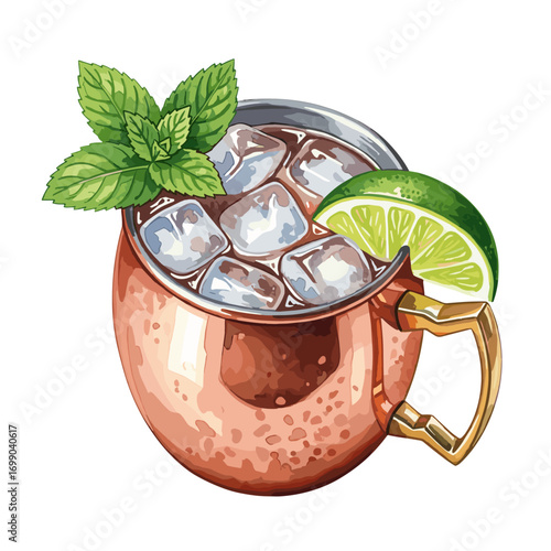 Refreshing Moscow Mule cocktail in a classic copper mug with ice, fresh mint leaves, and a vibrant lime wedge, perfect for summer drinks and celebrations.