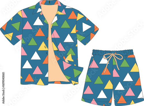 Vibrant hawaiian shirt and shorts set with geometric triangle pattern for summer vacation