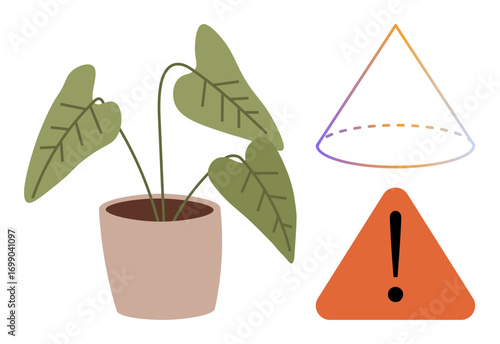 Potted plant with large green leaves, dashed gradient conical shape, and orange alert triangle. Ideal for sustainability, caution, awareness, eco-consciousness, geometry, design and simplicity