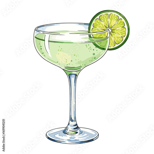 Refreshing green cocktail in an elegant coupe glass, garnished with a fresh lime slice, a vibrant hand-drawn illustration perfect for drink menus and summer themes.