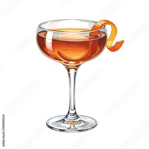 Classic cocktail drink in a coupe glass with an elegant orange peel garnish, a refreshing alcoholic beverage illustration isolated on white.