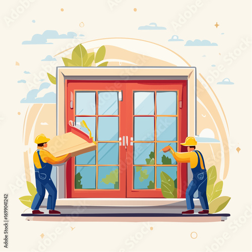Construction Workers Installing A Red Double Window Frame In Front Of A Building